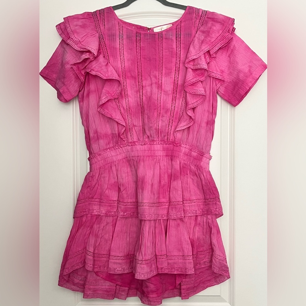 LoveShackFancy Natasha ruffled tiered mini dress dark pink lined elastic waist L - Picture 2 of 8